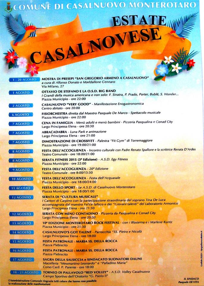 Casalnuovo Monterotaro, calendario eventi Agosto 2015