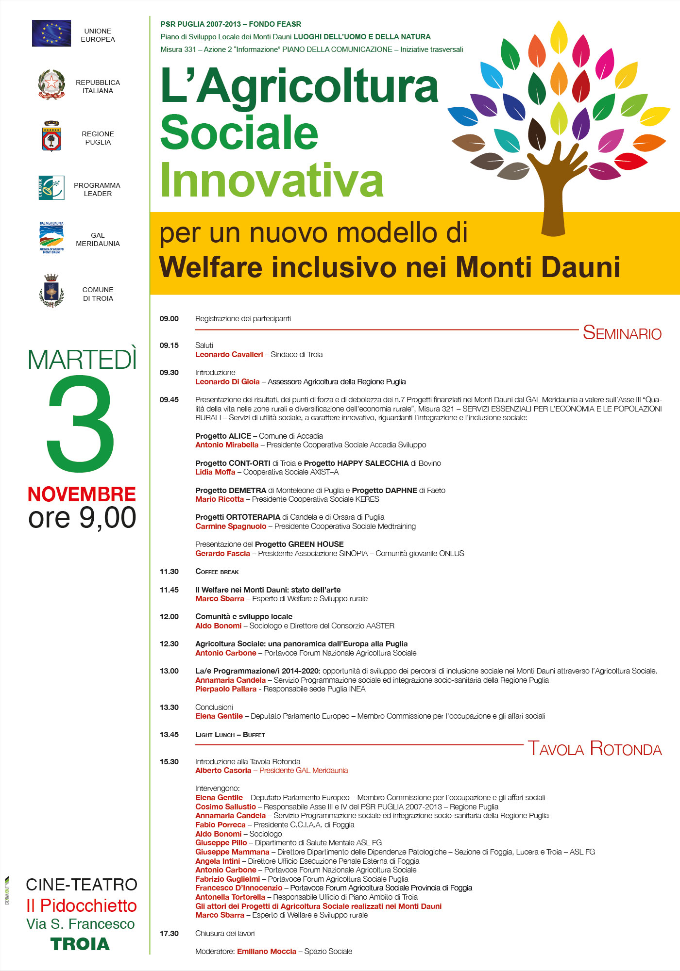 UN NUOVO MODELLO DI WELFARE INCLUSIVO ATTRAVERSO L’AGRICOLTURA SOCIALE INNOVATIVA TROIA 3 novembre 2015 presso il Cine-Teatro ‘Il Pidocchietto’