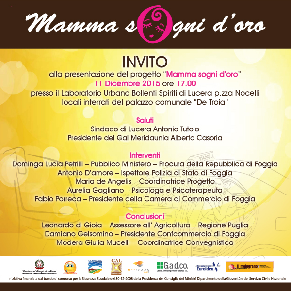 Lucera,  ” Mamma Sogni D’Oro ” : Laboratorio Urbano di Lucera – Venerdì 11 dicembre alle ore 17.00