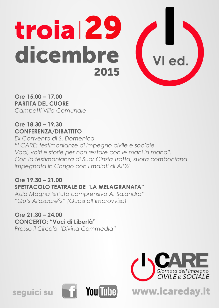 Martedì 29 Dicembre, a Troia c’è “I CARE, Giornata di impegno civile e sociale” con una raccolta fondi per i Missionari Comboniani