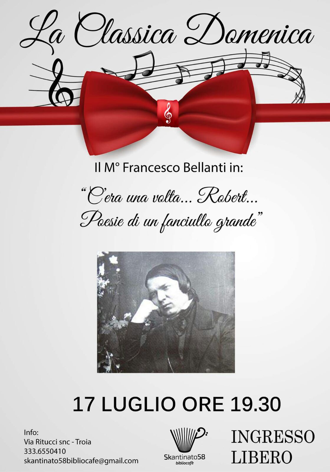 Domani al Bibliocafè una “Classica Domenica” dedicata alla magia del pianoforte: il Maestro Francesco Bellanti interpreta Robert Schumann