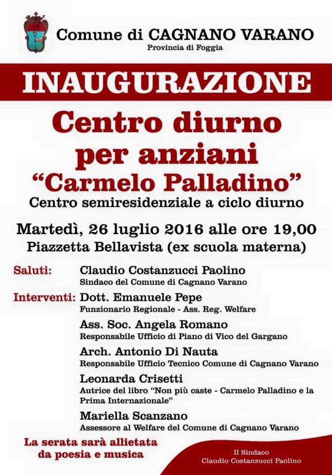 Cagnano, Domani si inaugura il Centro diurno per anziani ‘Carmelo Palladino’