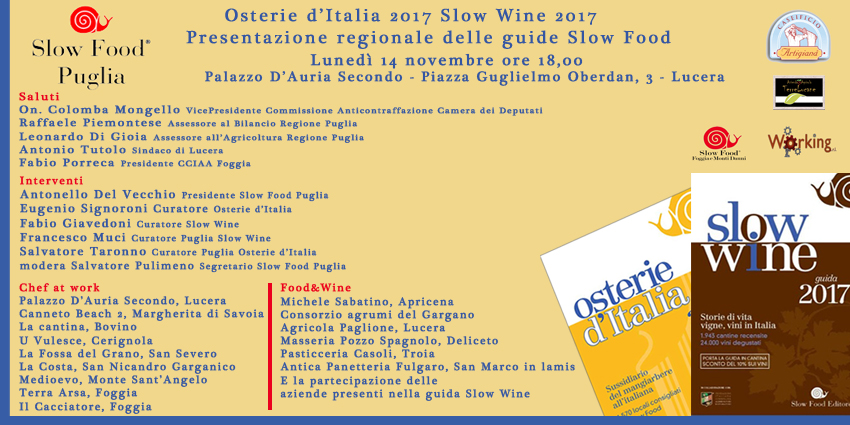 Guide Slow Food 2017, lunedì 14 novembre a Lucera la manifestazione regionale di presentazione di “Osterie d’Italia 2017” e “Slow Wine 2017”