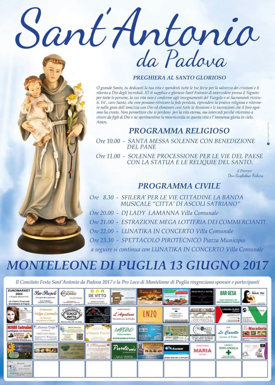 Il 13 giugno a Monteleone di Puglia ritorna la festa in onore di Sant’Antonio da Padova